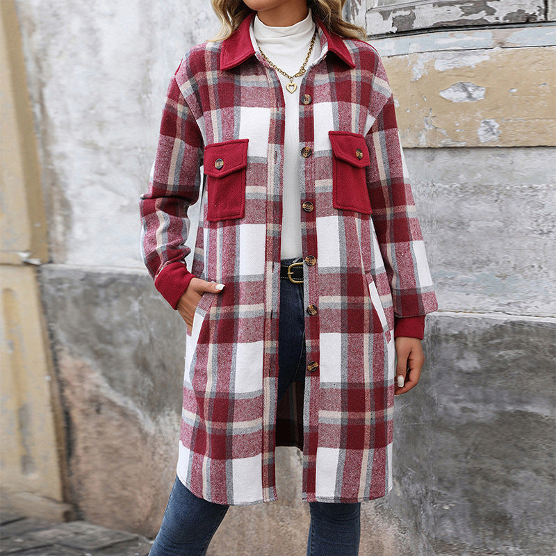 New Brushed Plaid Long Coat With Pockets Fashion Winter Jacket Outwear Women's Clothing - Ever Bloom Now