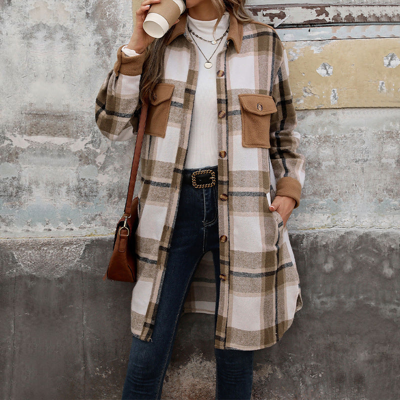 New Brushed Plaid Long Coat With Pockets Fashion Winter Jacket Outwear Women's Clothing - Ever Bloom Now