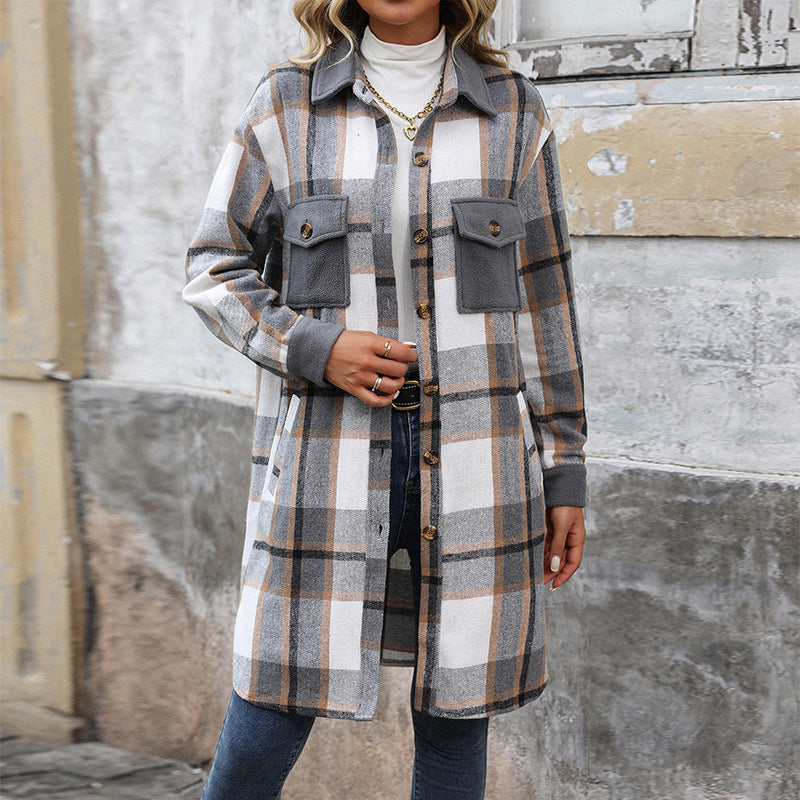 New Brushed Plaid Long Coat With Pockets Fashion Winter Jacket Outwear Women's Clothing - Ever Bloom Now