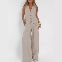Summer Vest Suits V-neck Botton Sleeveless Top And Loose Straight Trousers Casual Womens Clothing - Ever Bloom Now