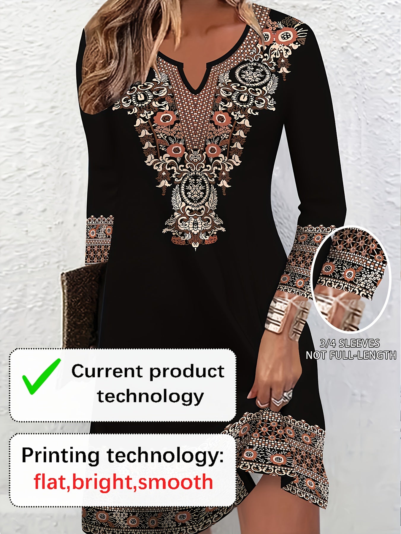 2D Print Ethnic Elegant Vacation Abstract Painting Plant Flower Leaf Regular Round Geometric Full-Body Print Breathable Print V-Neck Capri Sleeve T-Shirt Dress, New Casual Skirt, Autumn Winter Women's Top, Midi A-Line Half Sl
