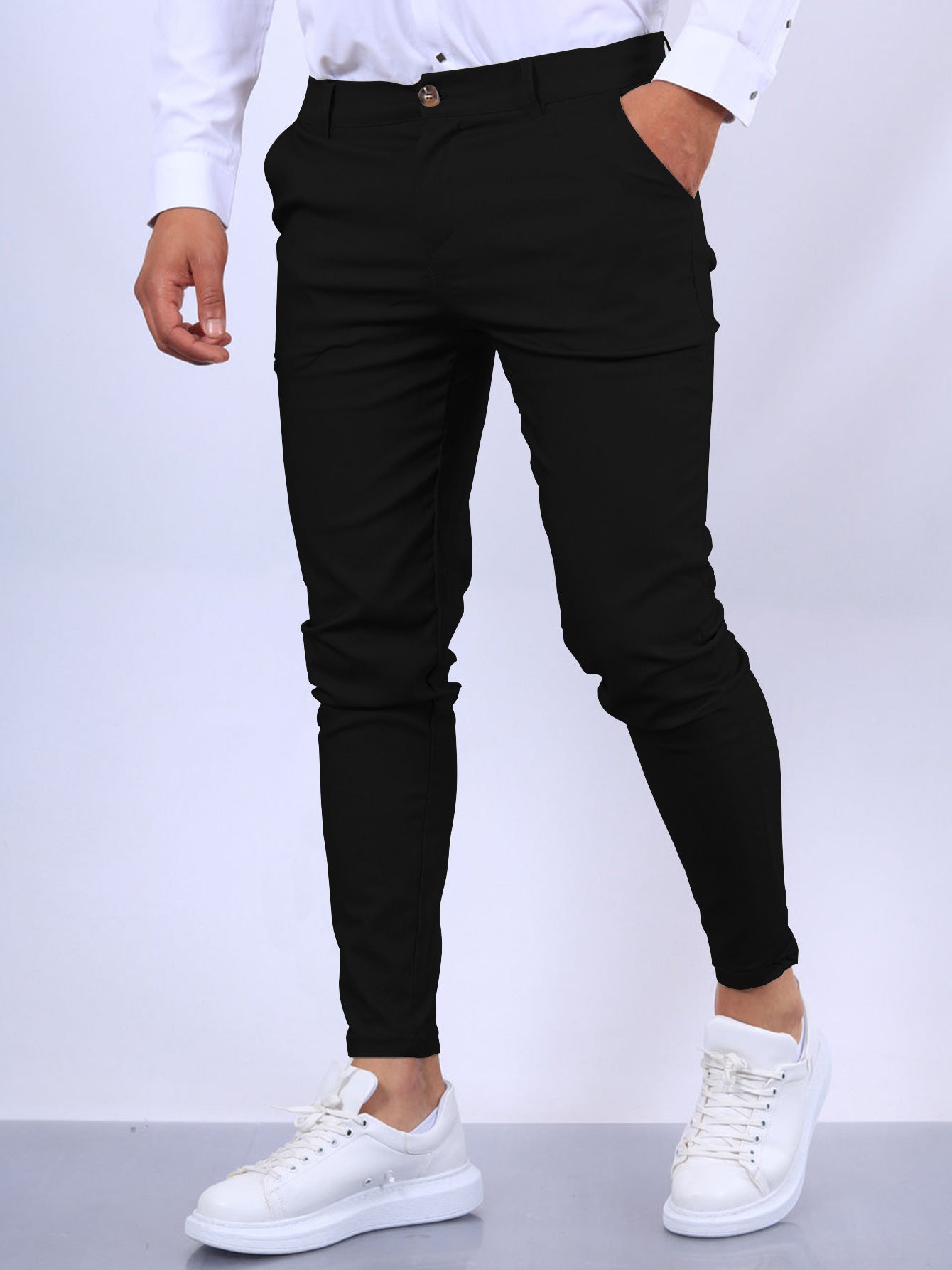 Men's Slim Button Trousers Fashion Solid Office Versatile Long Pencil Pants - Ever Bloom Now