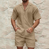 Men Tracksuits Summer Fashion Solid Loose Casual Two Pieces Lapel Button Shirt Shorts Beach Holiday All-match Outfits Male - Ever Bloom Now