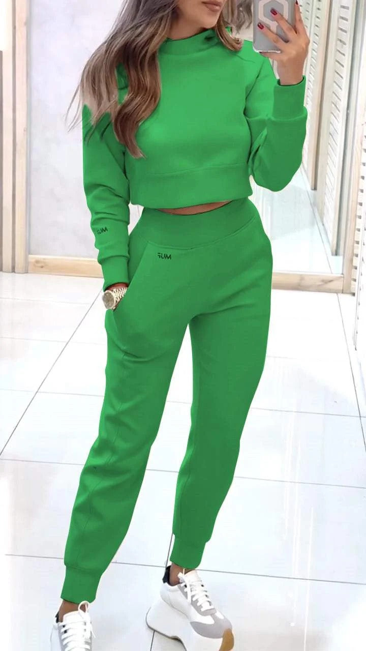 Stand Collar Sports Suit Fashion Pullover Long-sleeves Short Top And Slim Trousers With Pockets Solid Outfits Women's Clothing - Ever Bloom Now