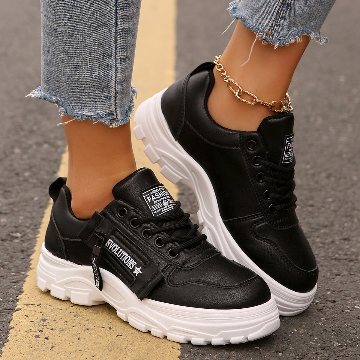 Lace-up Sports Shoes With Side-Zipper Design Fashion Thick-soled Round-toe Casual Shoes For Women Sneakers - Ever Bloom Now