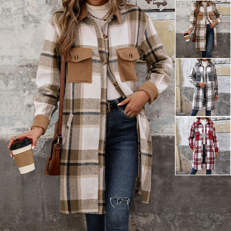 New Brushed Plaid Long Coat With Pockets Fashion Winter Jacket Outwear Women's Clothing - Ever Bloom Now