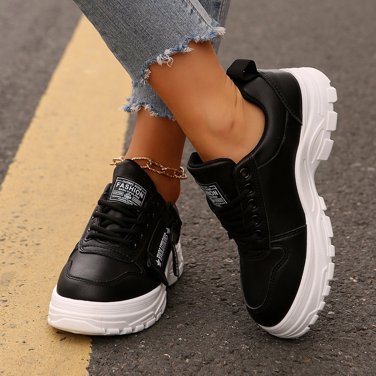 Lace-up Sports Shoes With Side-Zipper Design Fashion Thick-soled Round-toe Casual Shoes For Women Sneakers - Ever Bloom Now