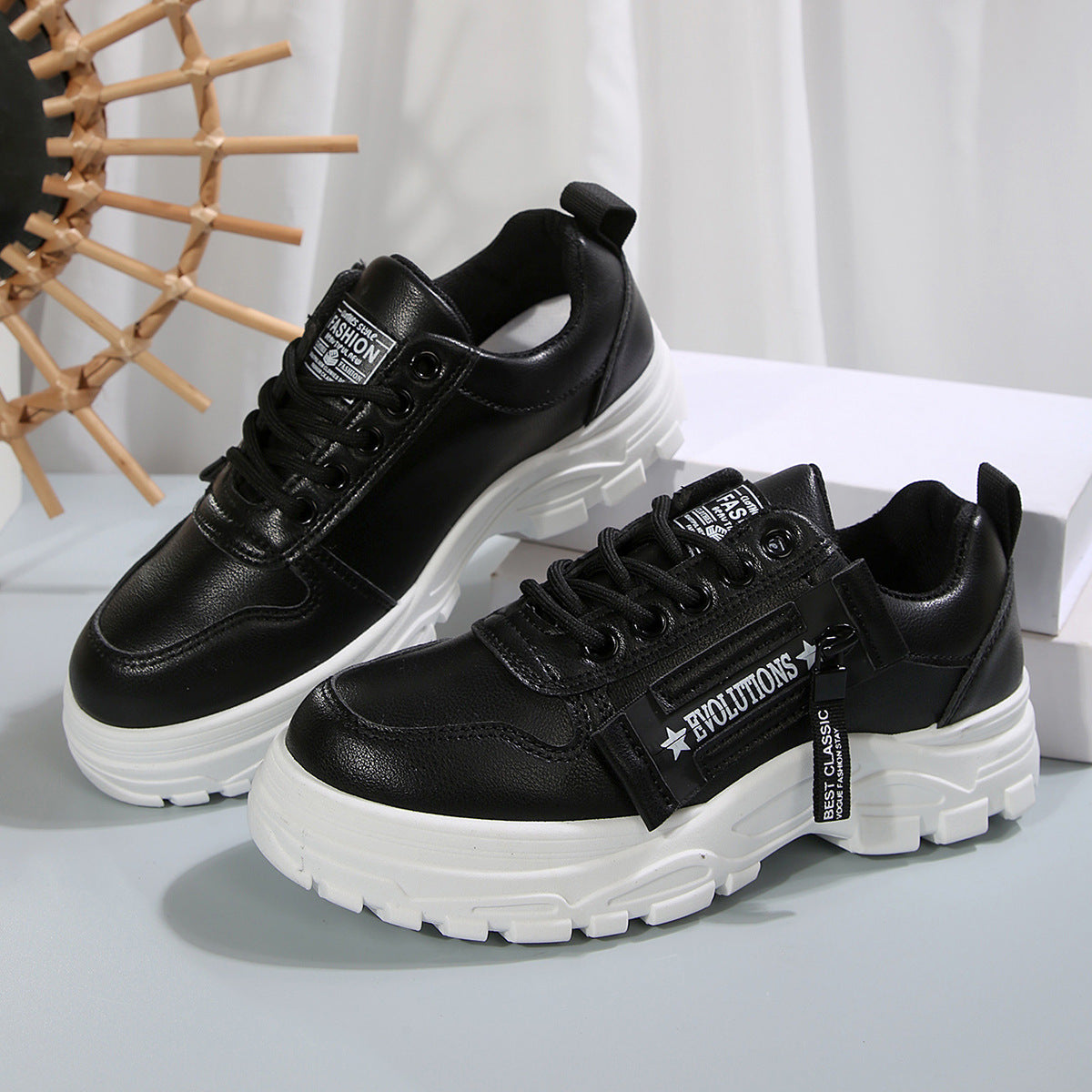 Lace-up Sports Shoes With Side-Zipper Design Fashion Thick-soled Round-toe Casual Shoes For Women Sneakers - Ever Bloom Now