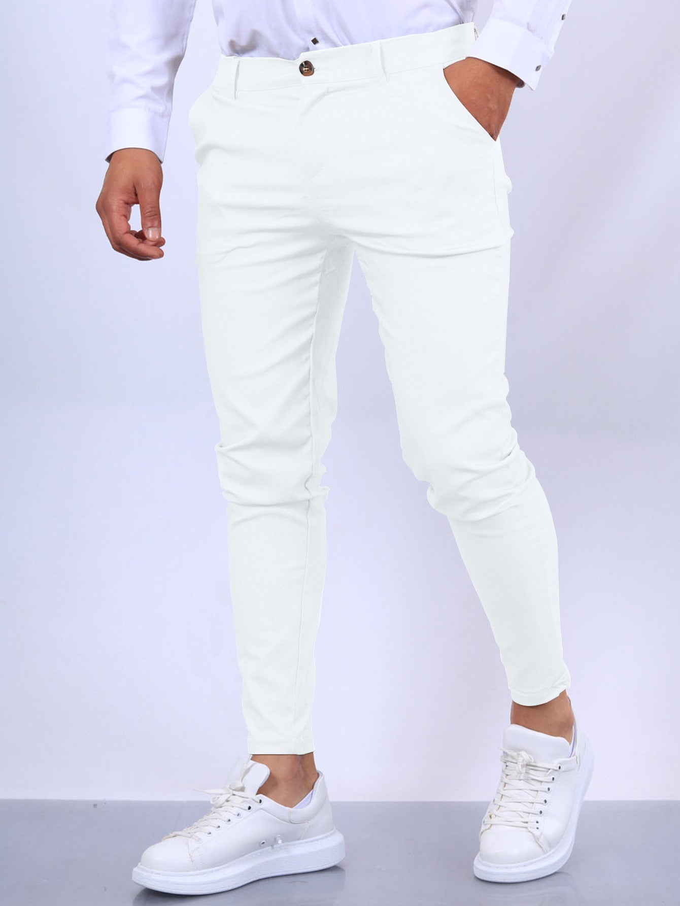 Men's Slim Button Trousers Fashion Solid Office Versatile Long Pencil Pants - Ever Bloom Now