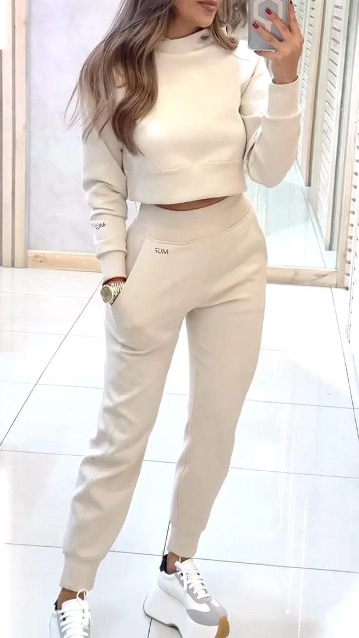 Stand Collar Sports Suit Fashion Pullover Long-sleeves Short Top And Slim Trousers With Pockets Solid Outfits Women's Clothing - Ever Bloom Now
