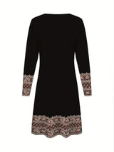 2D Print Ethnic Elegant Vacation Abstract Painting Plant Flower Leaf Regular Round Geometric Full-Body Print Breathable Print V-Neck Capri Sleeve T-Shirt Dress, New Casual Skirt, Autumn Winter Women's Top, Midi A-Line Half Sl