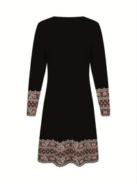 2D Print Ethnic Elegant Vacation Abstract Painting Plant Flower Leaf Regular Round Geometric Full-Body Print Breathable Print V-Neck Capri Sleeve T-Shirt Dress, New Casual Skirt, Autumn Winter Women's Top, Midi A-Line Half Sl