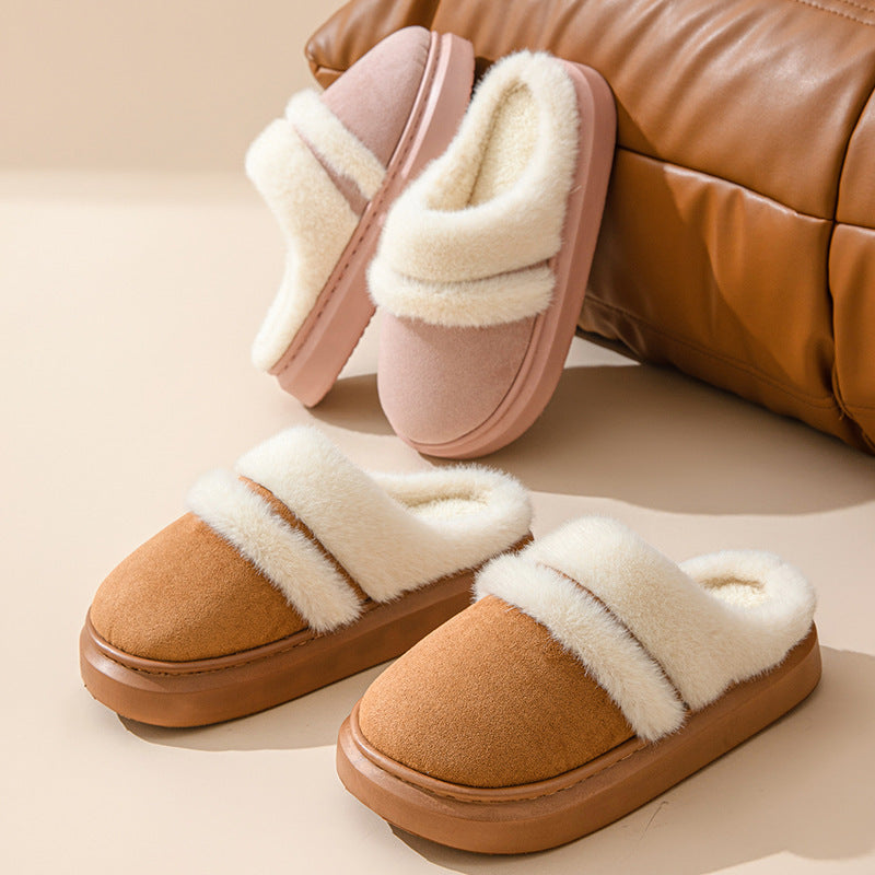 Fashion Warm Cotton Slippers For Women Leisure Thick Bottom Non-slip Plus-velvet House Shoes Winter Bedroom Floor Suede Slipper - Ever Bloom Now