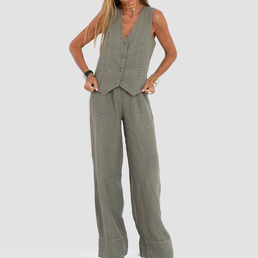 Summer Vest Suits V-neck Botton Sleeveless Top And Loose Straight Trousers Casual Womens Clothing - Ever Bloom Now