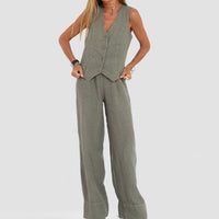 Summer Vest Suits V-neck Botton Sleeveless Top And Loose Straight Trousers Casual Womens Clothing - Ever Bloom Now