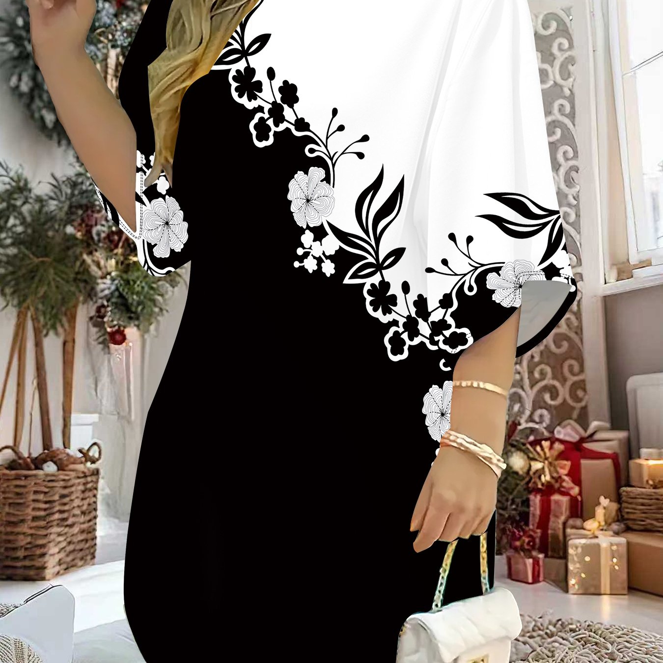 Women'S 3D Printed Floral & Abstract Art Dress - All-Over Print Round Neck Short Sleeve A-Line Silhouette, & Ink-Wash Painting Design, Comfortable Casual to Party Wear, Versatile All-Season Fitted Dress for Women, Easy-Care F