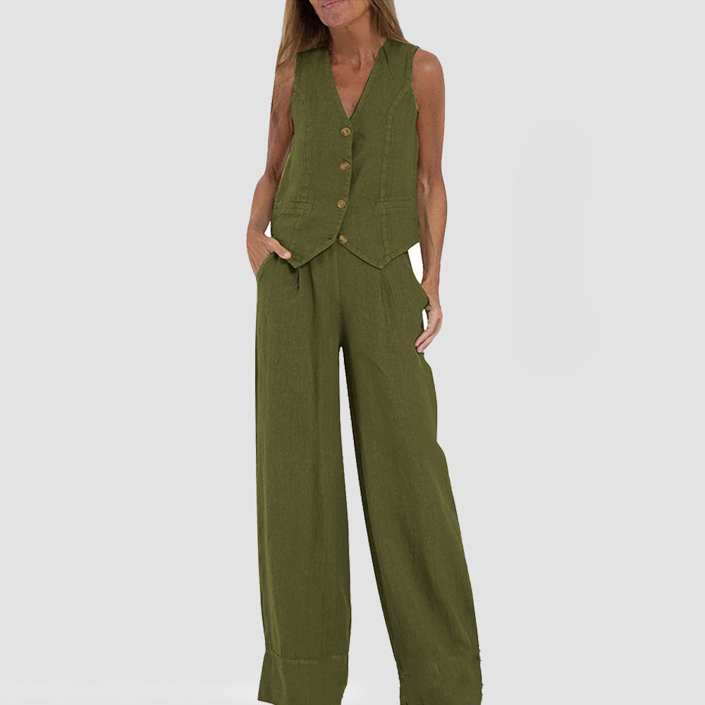 Summer Vest Suits V-neck Botton Sleeveless Top And Loose Straight Trousers Casual Womens Clothing - Ever Bloom Now