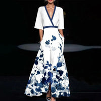Summer V-neck Split Short-sleeved Dress Fashion Flower Print A-line Long Dresses Party Club Beach Clothing For Women - Ever Bloom Now