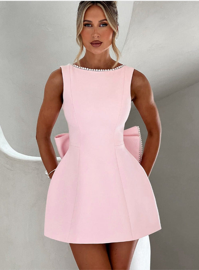 Fashion Big-Bowed Pearls Backless Dress Summer Slim Sleeveless A-line Dresses For Party Evening Women's Clothing - Ever Bloom Now