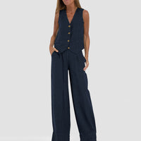 Summer Vest Suits V-neck Botton Sleeveless Top And Loose Straight Trousers Casual Womens Clothing - Ever Bloom Now