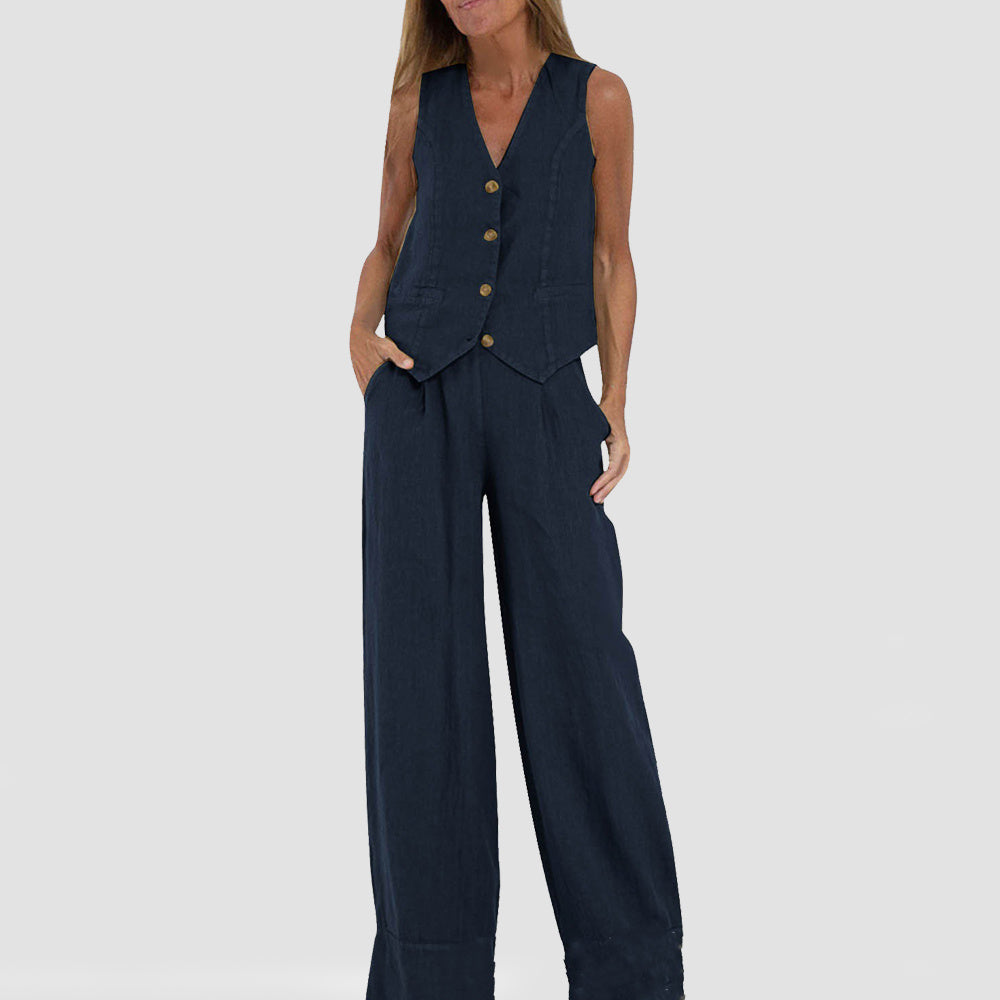 Summer Vest Suits V-neck Botton Sleeveless Top And Loose Straight Trousers Casual Womens Clothing - Ever Bloom Now