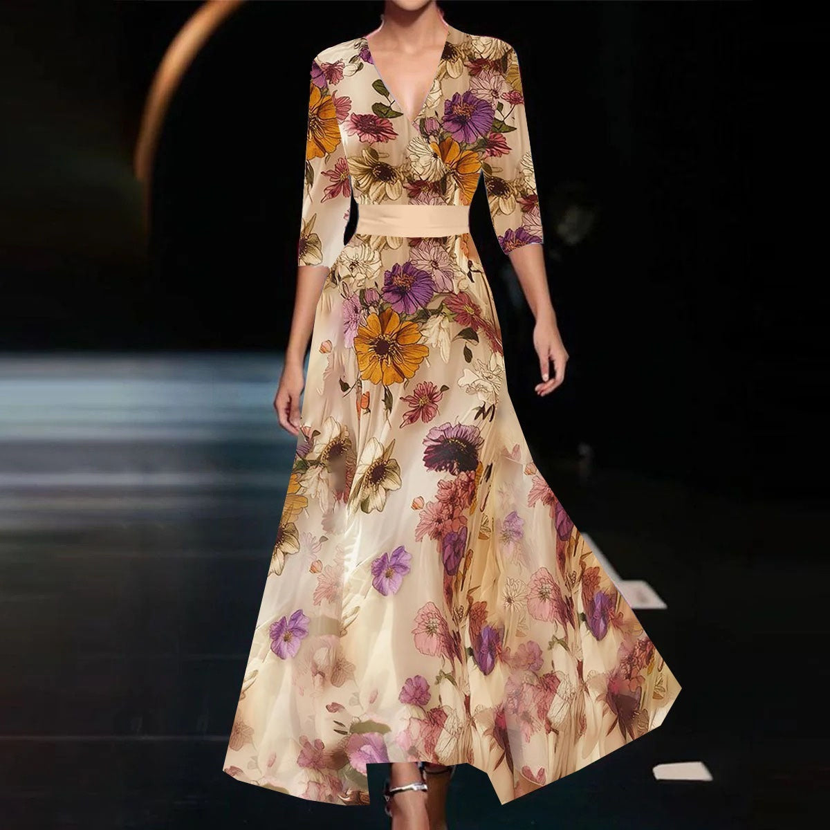 Summer V-neck Split Short-sleeved Dress Fashion Flower Print A-line Long Dresses Party Club Beach Clothing For Women - Ever Bloom Now