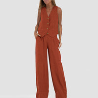 Summer Vest Suits V-neck Botton Sleeveless Top And Loose Straight Trousers Casual Womens Clothing - Ever Bloom Now