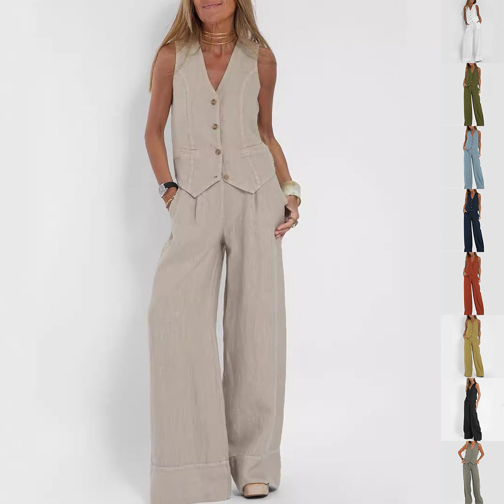 Summer Vest Suits V-neck Botton Sleeveless Top And Loose Straight Trousers Casual Womens Clothing - Ever Bloom Now