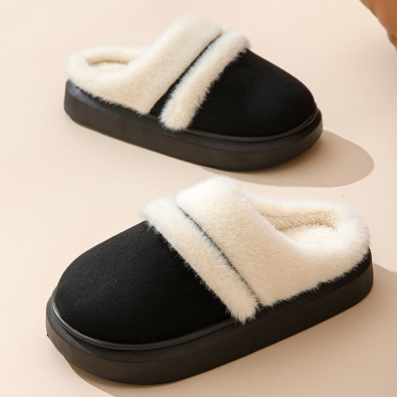 Fashion Warm Cotton Slippers For Women Leisure Thick Bottom Non-slip Plus-velvet House Shoes Winter Bedroom Floor Suede Slipper - Ever Bloom Now