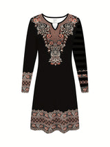 2D Print Ethnic Elegant Vacation Abstract Painting Plant Flower Leaf Regular Round Geometric Full-Body Print Breathable Print V-Neck Capri Sleeve T-Shirt Dress, New Casual Skirt, Autumn Winter Women's Top, Midi A-Line Half Sl