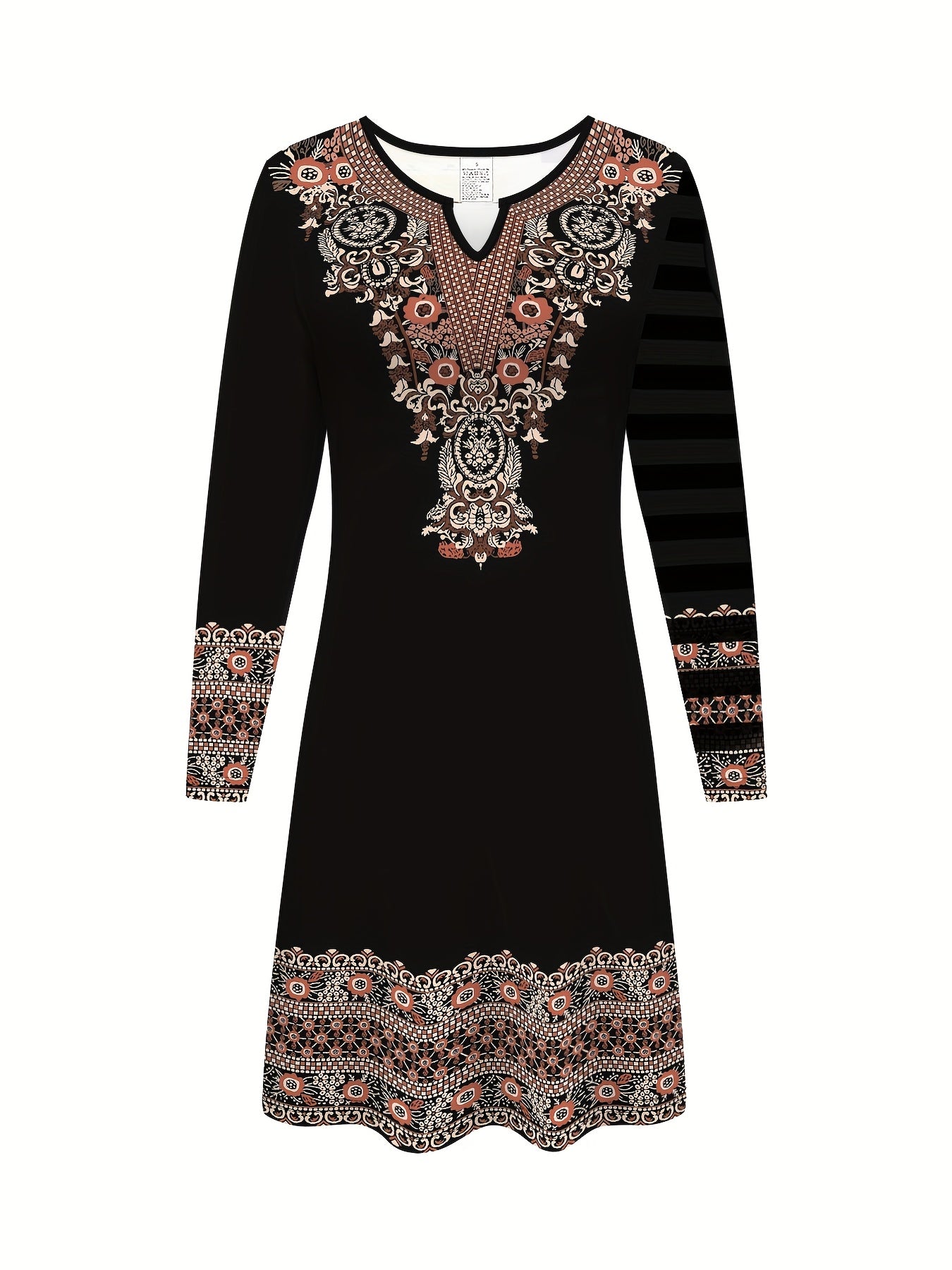 2D Print Ethnic Elegant Vacation Abstract Painting Plant Flower Leaf Regular Round Geometric Full-Body Print Breathable Print V-Neck Capri Sleeve T-Shirt Dress, New Casual Skirt, Autumn Winter Women's Top, Midi A-Line Half Sl