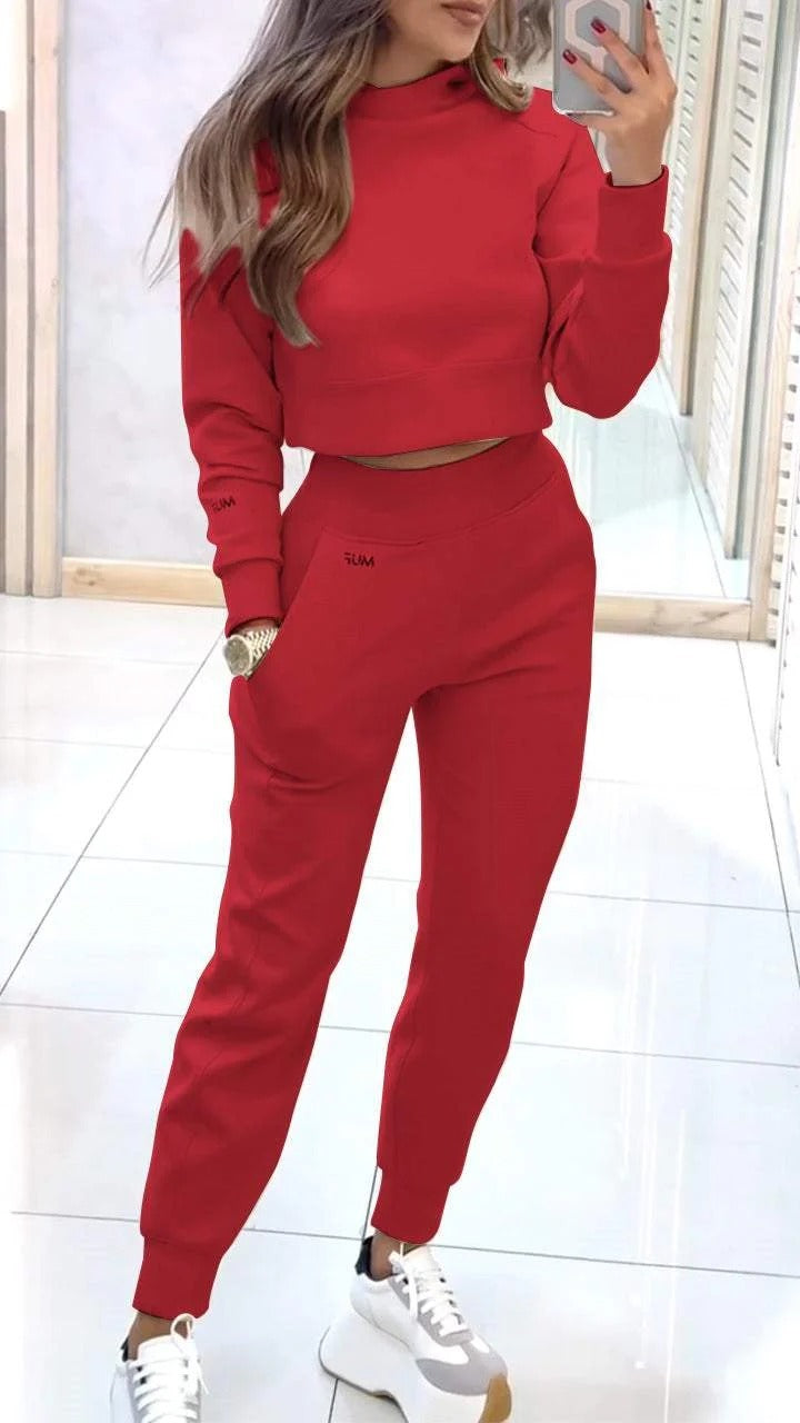 Stand Collar Sports Suit Fashion Pullover Long-sleeves Short Top And Slim Trousers With Pockets Solid Outfits Women's Clothing - Ever Bloom Now