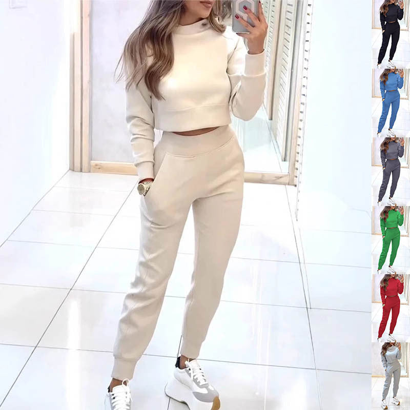 Stand Collar Sports Suit Fashion Pullover Long-sleeves Short Top And Slim Trousers With Pockets Solid Outfits Women's Clothing - Ever Bloom Now