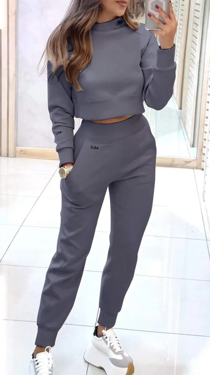 Stand Collar Sports Suit Fashion Pullover Long-sleeves Short Top And Slim Trousers With Pockets Solid Outfits Women's Clothing - Ever Bloom Now