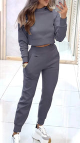 Stand Collar Sports Suit Fashion Pullover Long-sleeves Short Top And Slim Trousers With Pockets Solid Outfits Women's Clothing - Ever Bloom Now