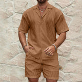 Men Tracksuits Summer Fashion Solid Loose Casual Two Pieces Lapel Button Shirt Shorts Beach Holiday All-match Outfits Male - Ever Bloom Now