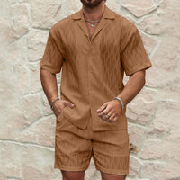 Men Tracksuits Summer Fashion Solid Loose Casual Two Pieces Lapel Button Shirt Shorts Beach Holiday All-match Outfits Male - Ever Bloom Now