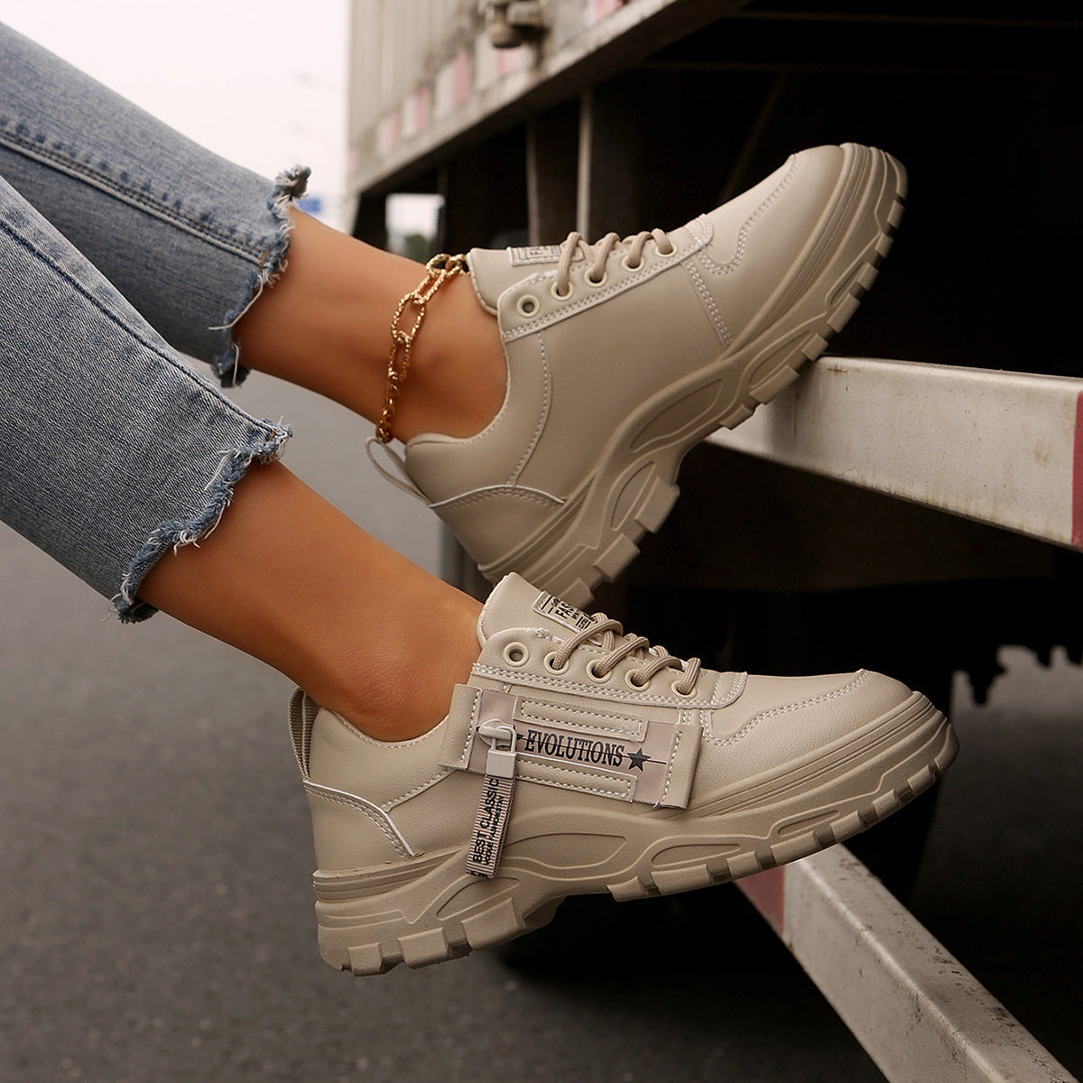 Lace-up Sports Shoes With Side-Zipper Design Fashion Thick-soled Round-toe Casual Shoes For Women Sneakers - Ever Bloom Now