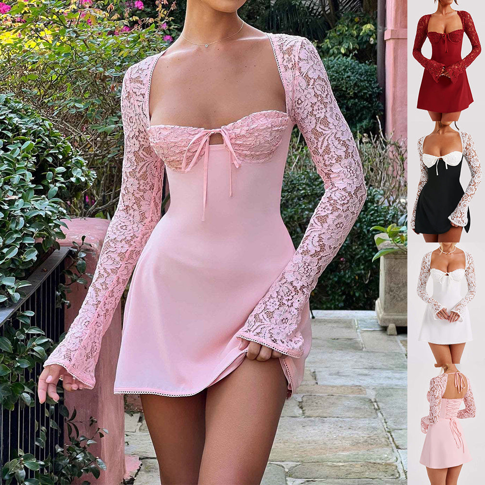 Y2K Lace Long Sleeve Dress Fashion Sexy Corset Backless Lace Up Short Dresses Womens Clothing - Ever Bloom Now