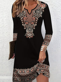 2D Print Ethnic Elegant Vacation Abstract Painting Plant Flower Leaf Regular Round Geometric Full-Body Print Breathable Print V-Neck Capri Sleeve T-Shirt Dress, New Casual Skirt, Autumn Winter Women's Top, Midi A-Line Half Sl