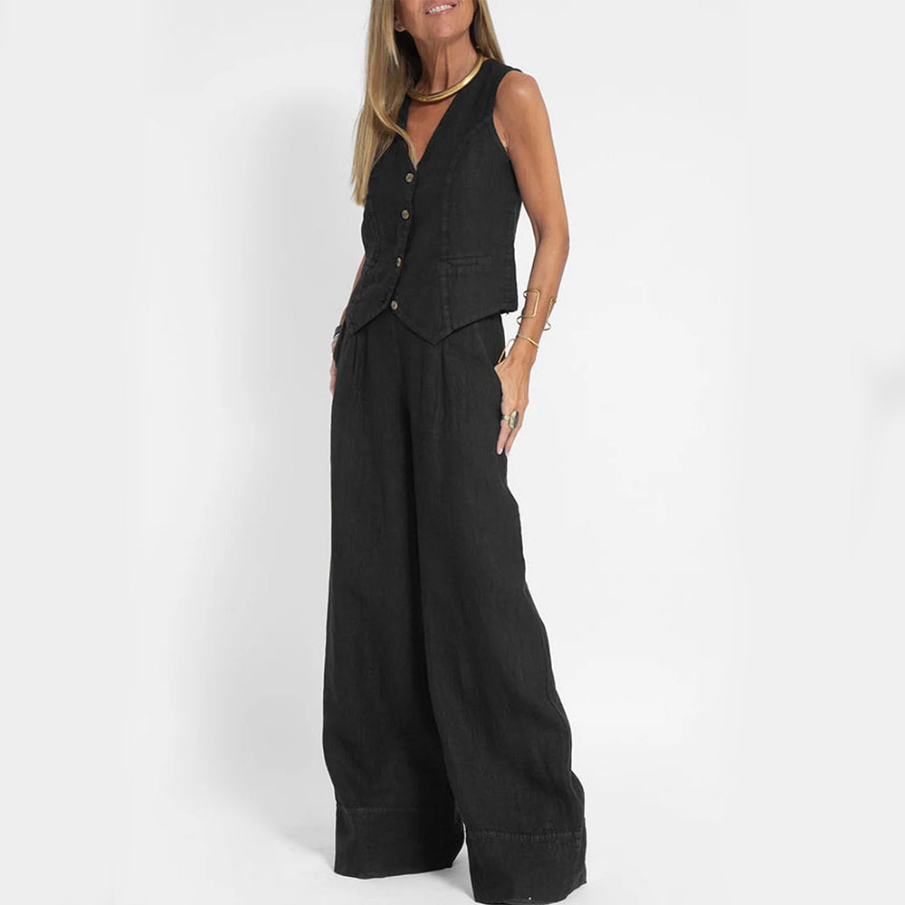 Summer Vest Suits V-neck Botton Sleeveless Top And Loose Straight Trousers Casual Womens Clothing - Ever Bloom Now