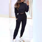 Stand Collar Sports Suit Fashion Pullover Long-sleeves Short Top And Slim Trousers With Pockets Solid Outfits Women's Clothing - Ever Bloom Now