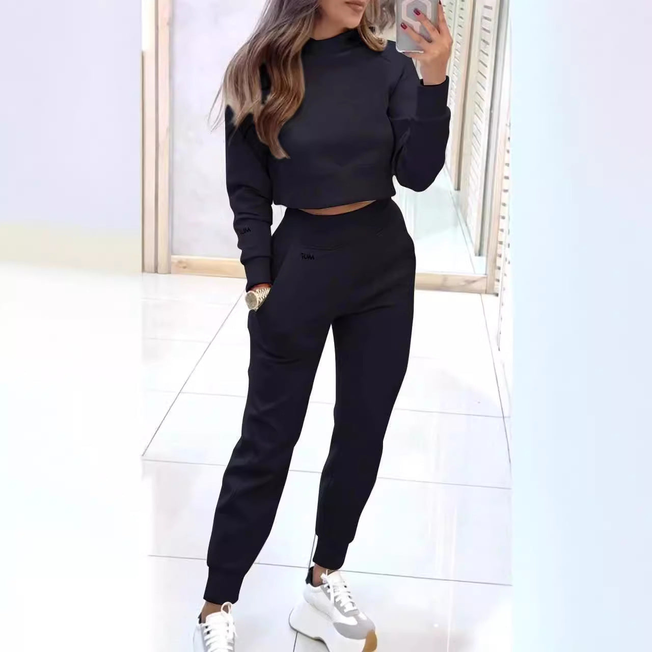Stand Collar Sports Suit Fashion Pullover Long-sleeves Short Top And Slim Trousers With Pockets Solid Outfits Women's Clothing - Ever Bloom Now