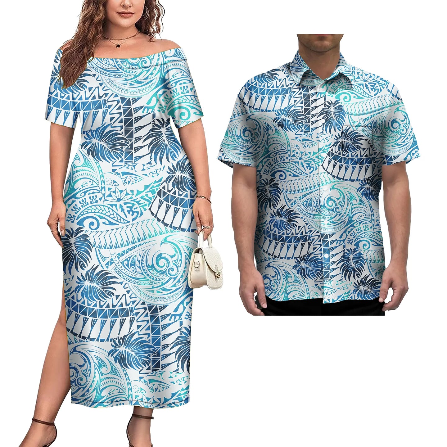 Couple Outfit 2Pcs Sets Ladies Evening Dresses Polynesian Pattern Design Classic Mens Hawaiian Shirts Match Women Plus Size Dres