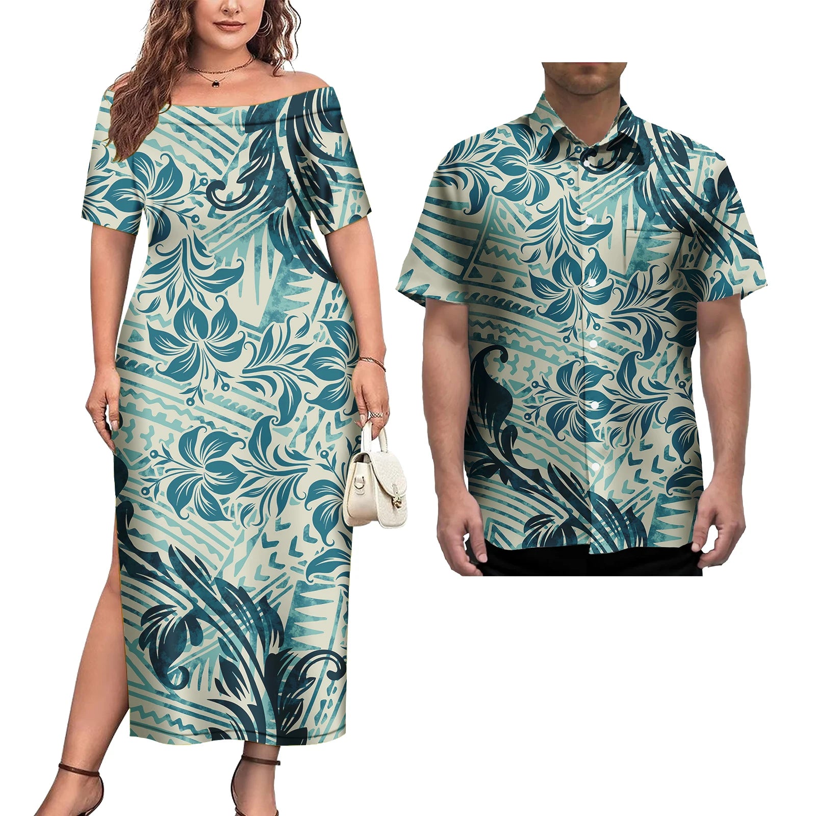 Couple Outfit 2Pcs Sets Ladies Evening Dresses Polynesian Pattern Design Classic Mens Hawaiian Shirts Match Women Plus Size Dres