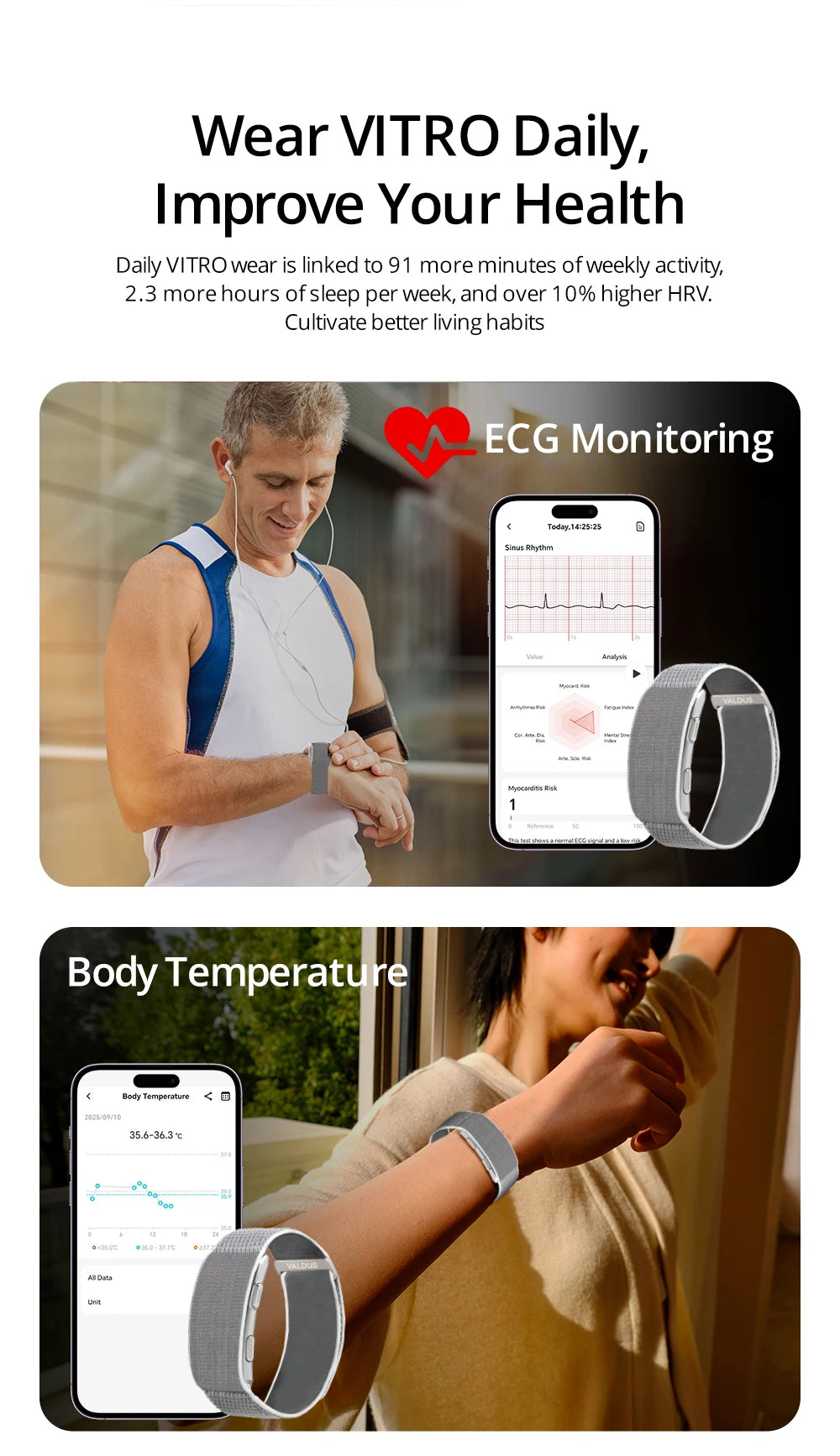 VALDUS 2025 New VITRO NO Screen Smart Bracelet ECG SOS Heart Rate Blood Pressure Sports Fitness Waterproof Screenless Smartwatch