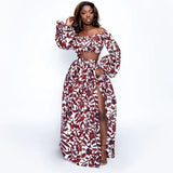 African Dresses for Women Autumn 2-piece Set Lady Full Sleeve Shoulder Off Festher Dashiki Print Split Skirts Africna Clothes