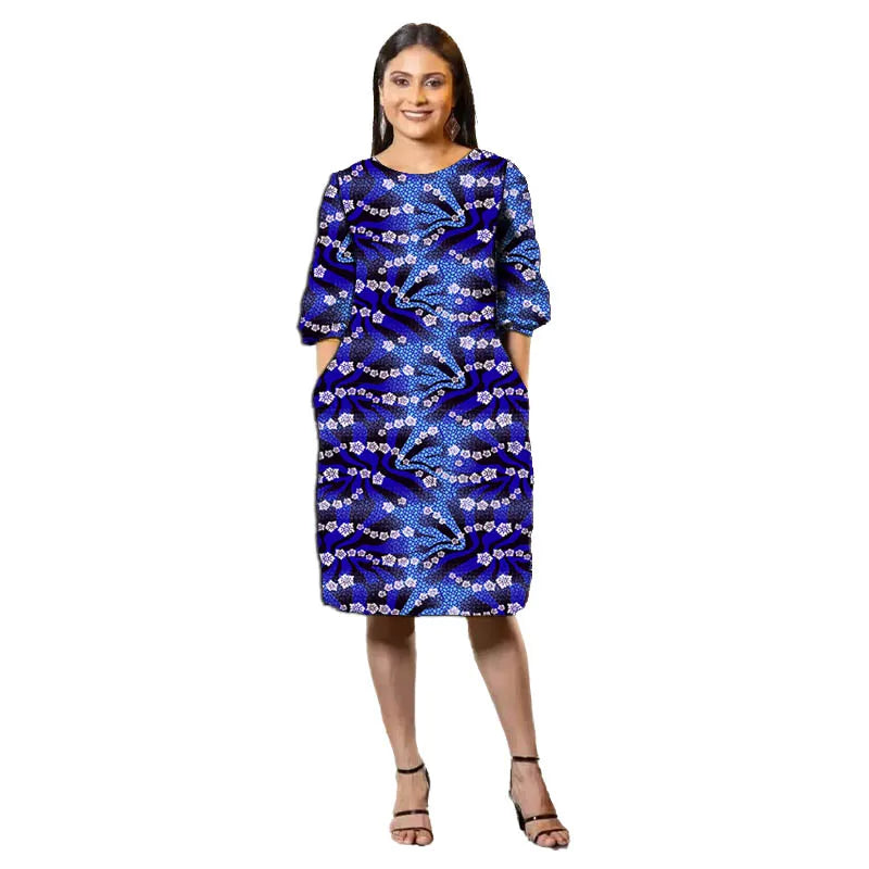 African Fashion Collarless Dress Half Sleeve Design Tailor Made Women's Frock Ankara Style Colorful Print Female Wedding Wear