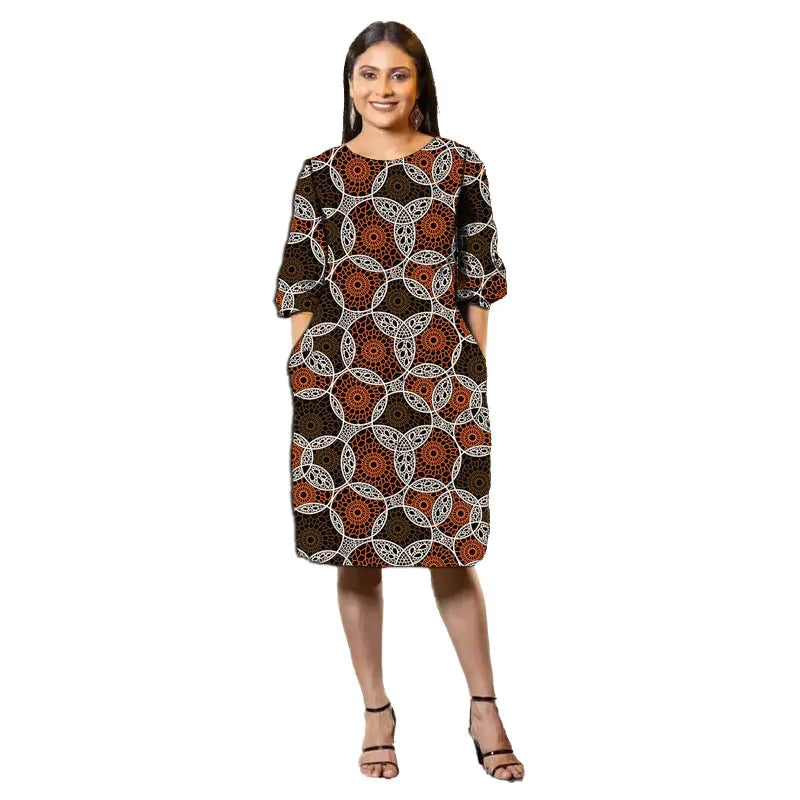 African Fashion Collarless Dress Half Sleeve Design Tailor Made Women's Frock Ankara Style Colorful Print Female Wedding Wear