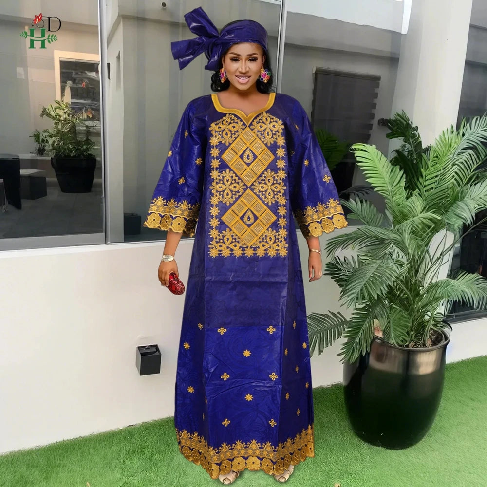 H&D African Women's Dresses Embroidery Bazin Riche Dress Plus Size Wedding Bubu Gowns Elegant Kaftan Boubou Djellaba Clothes
